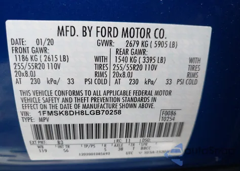 2020 Ford Explorer Xlt from USA, damaged, VIN 1FMSK8DH8LGB70258
